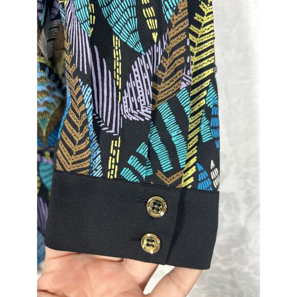 Bob Mackie Top 2X Black Blue Purple Feather Print 1/2 Zip Satin Tribal Peacock - Picture 2 of 10